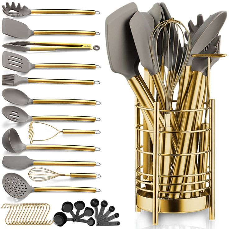 PRICES MAY VARY. Cooking Utensil Set 38 Pieces Included: 1 Ladle, 1 Skimmer, 1 Slotted Turner, 1 Pasta Server, 1 Cooking Spoon,1 Potato Masher, 1 Egg Whisk,1 Slotted Spoon, 1 Cooking Tong, 1 Flat Turner, 1 Flexible Spatula, 1 Basting Brush, 1 Utensils Holder, 5 measuring spoons, 5 measuring cups, 14 hanging hooks. they can meet all your cooking task. High Quality Beautiful Gold Utensil Holder: The gold utensil holder is make of high quality stanless steel, heavy, sturdy and durable. It is so bea Gold Kitchen Utensils, Gold Utensils, Gold Kitchen Accessories, Silicone Utensil Set, Kitchen Utensils Set, Silicone Cooking Utensils, Silicone Kitchen Utensils, Stainless Steel Utensils, Kitchen Tool Set