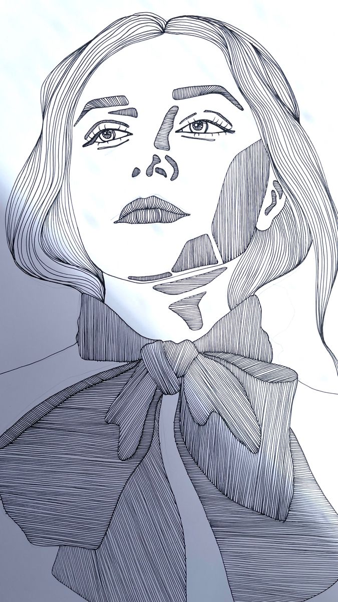 a black and white drawing of a woman's face