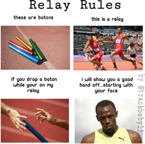 four different pictures with the words relay rules and images of athletes in red shirts, yellow vests and blue shorts