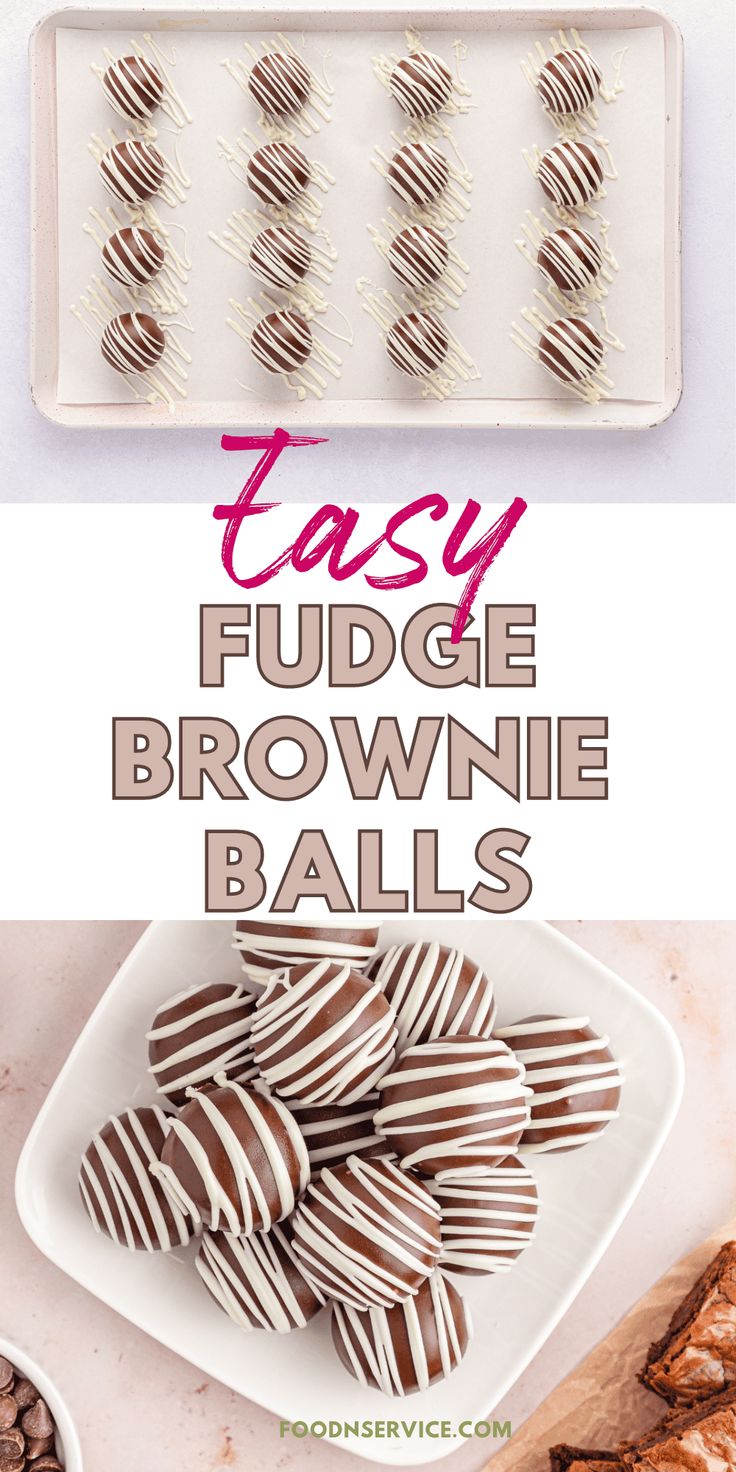 chocolate fudge brownie balls on a white plate with text overlay that reads easy fudge brownie balls