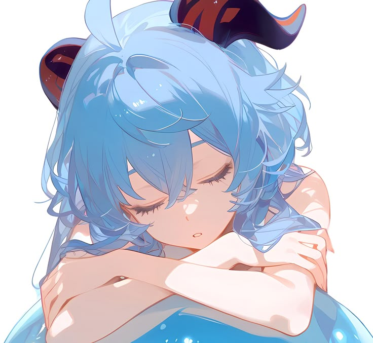 an anime character with blue hair and horns on her head, hugging another character's shoulder