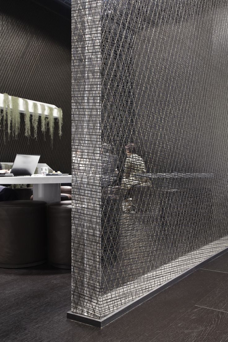 Wire mesh divider wall Room Partition Wall, Partition Screen, Divider Design, Divider Wall, Room Partition, Partition Wall, Room Dividers, Commercial Interiors, Retail Design