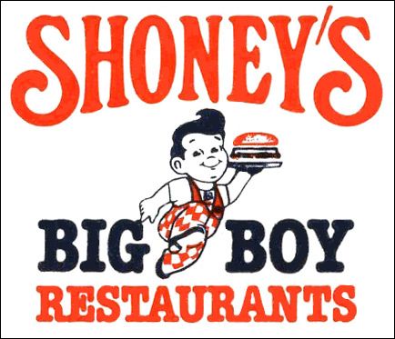 the logo for stoney's big boy restaurant, with a cartoon character holding a hamburger