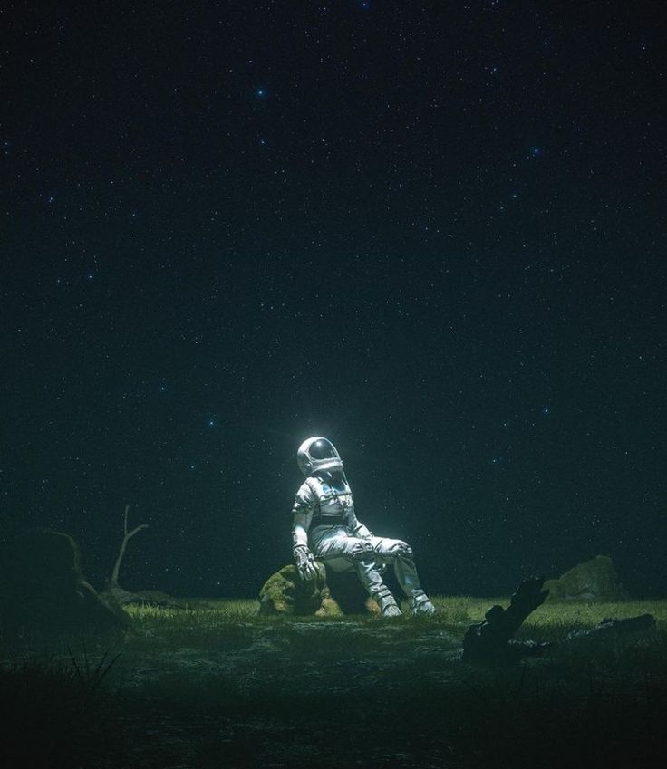 an astronaut sitting in the grass at night