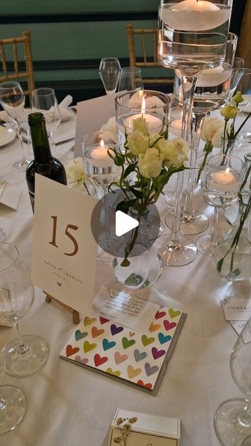 the table is set with wine glasses and place cards