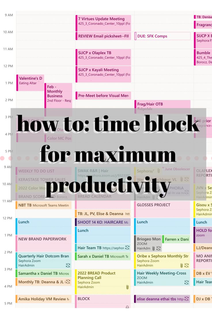 the text how to time block for maximum productivity is shown in pink and blue