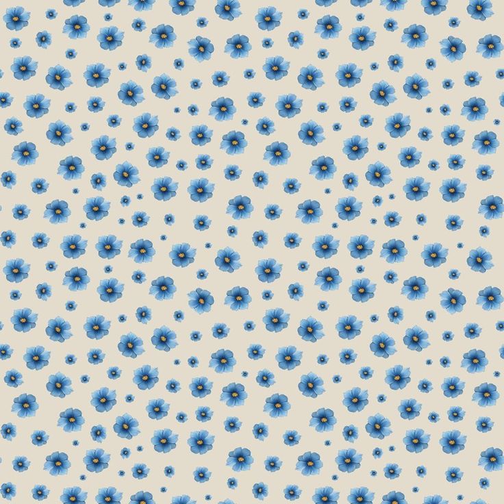 blue and white flowers on a light gray background, with small dots in the middle