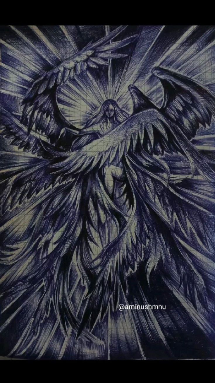 a drawing of an angel with large wings and a cross in the middle of it