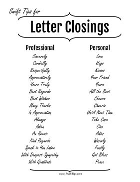 a sheet with the words, letter closings and an image of a person's name