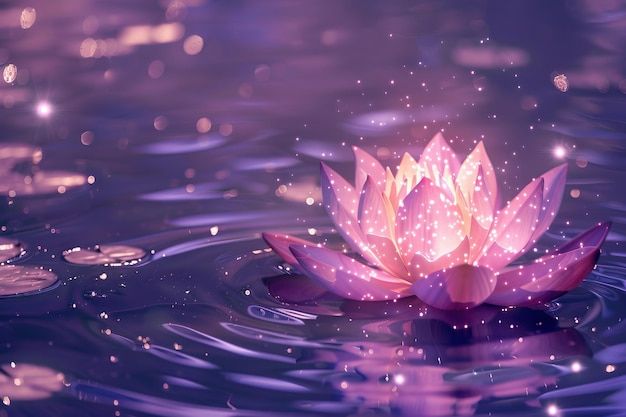 a pink water lily floating on top of a body of water with drops of water around it