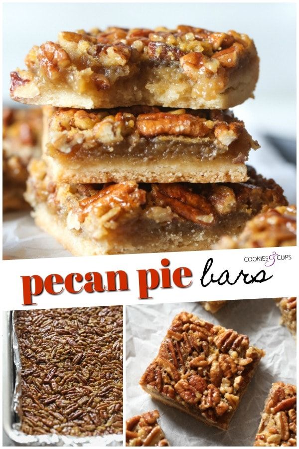 pecan pie bars are stacked on top of each other and ready to be eaten