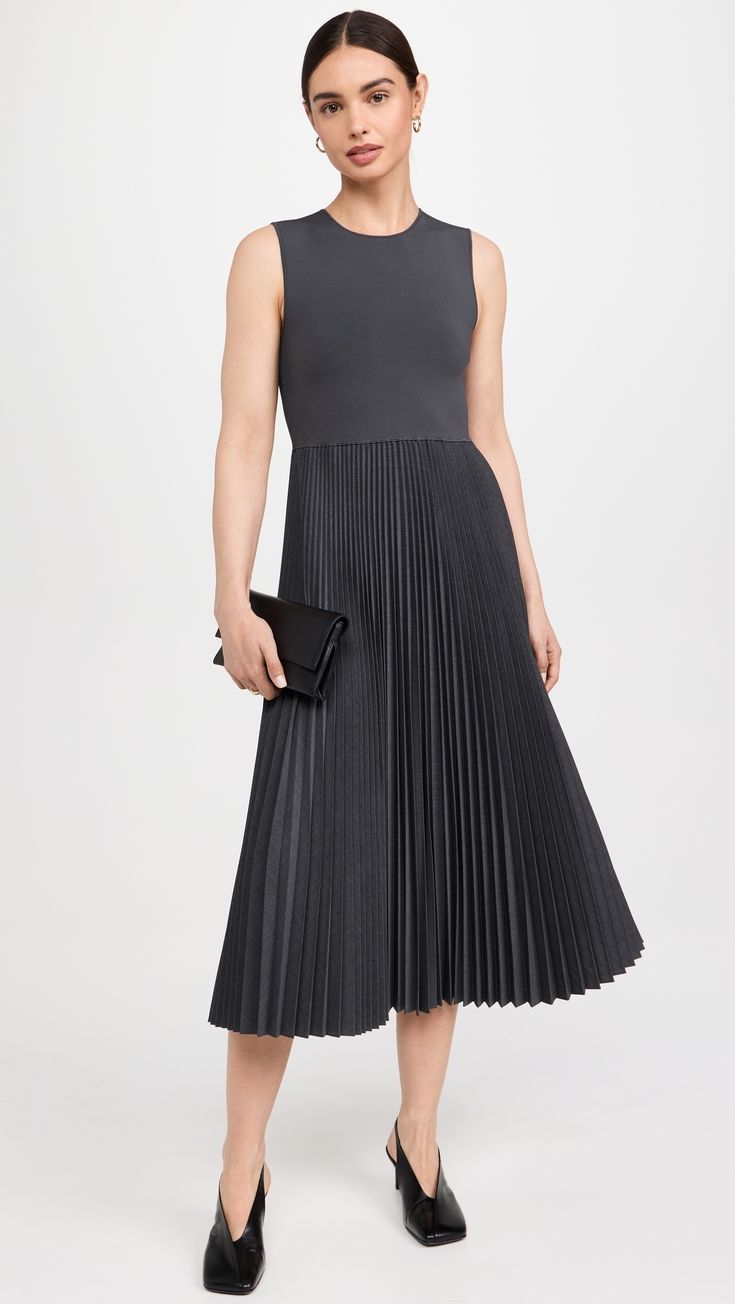 Find THEORY Crew Pleat Dress on Editorialist. Fabric: Lightweight, non-stretch weave. Knit bodice. Pleated skirt. Crew neck. Sleeveless. Pullover design, no closure. Shell: 76% rayon/22% nylon/2% spandex. Trim: 53% polyester/43% wool/4% elastane. Unlined. Dry clean. Imported, China. Measurements: Measurements from size P Length: 46in / 117.0cm, from shoulder Plt Dresses, Theory Clothing, Pleat Dress, Theory Dress, Sleeveless Pullover, No Closure, Pleated Midi Dress, Pullover Designs, Pleated Dress