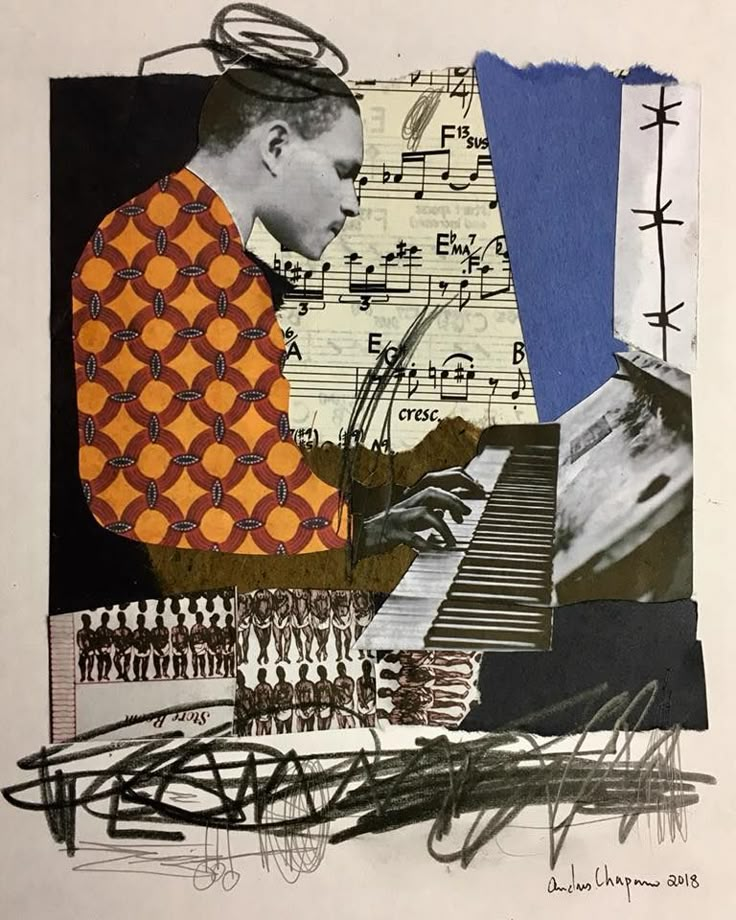 a collage of music and musical instruments with a man playing the piano in front of them