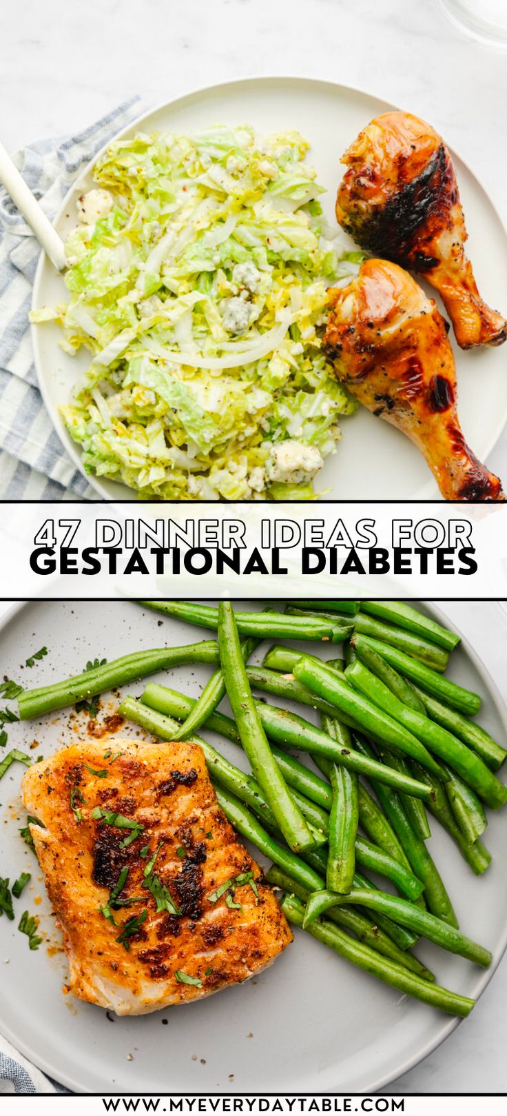 two plates with chicken, green beans and coleslaw on them that have the words dinner ideas for gestational diabets