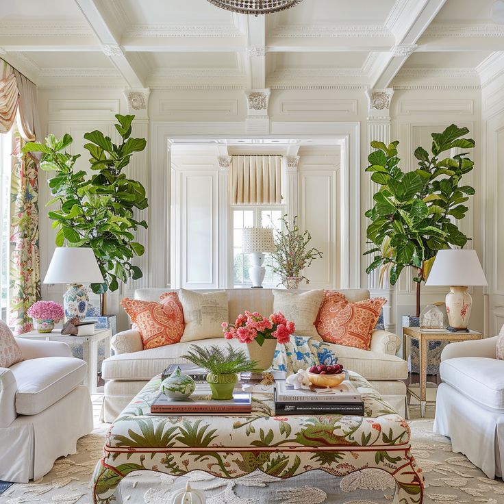 a living room filled with white furniture and lots of green leaves on the ceiling above