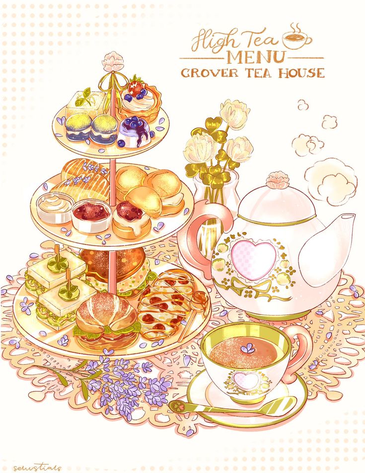 an illustration of a tea party with cakes and pastries on the trays, cups and saucers