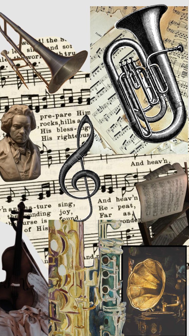 a collage of musical instruments and music notes with an image of a man playing the trumpet