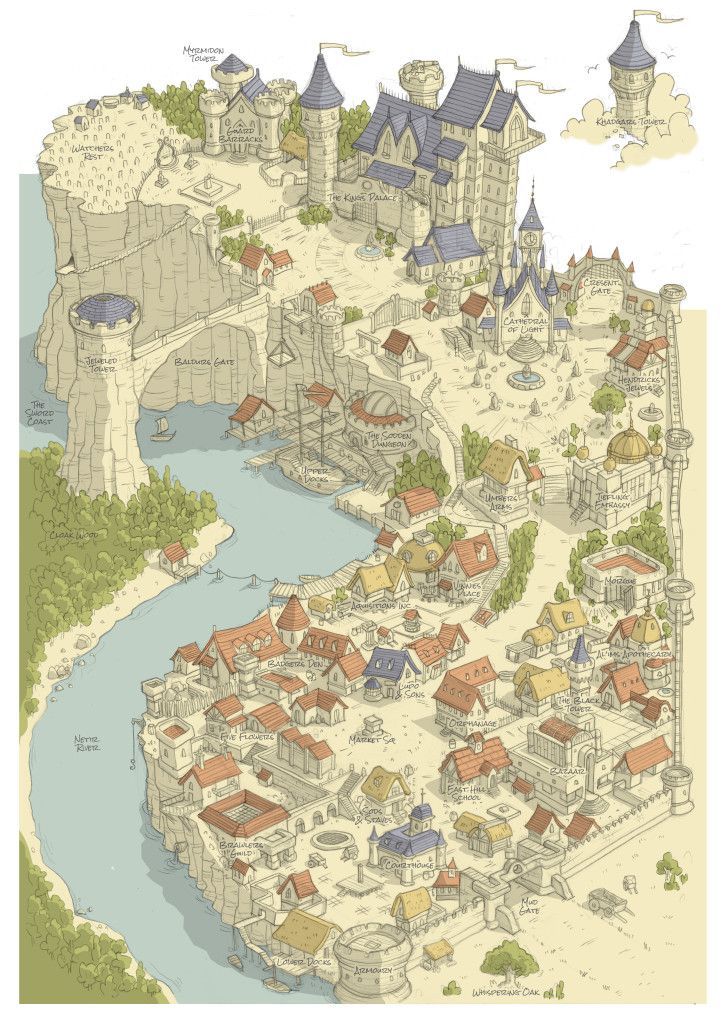 an illustrated map of a town with lots of buildings and trees on the side of it