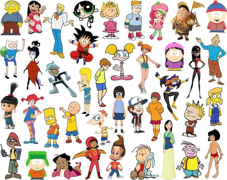 many different cartoon characters are grouped together