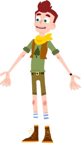 a cartoon boy with his hands out and eyes wide open, standing in front of the camera