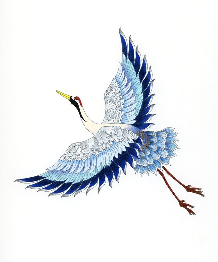 a drawing of a crane flying with its wings spread out and it's head turned to the side