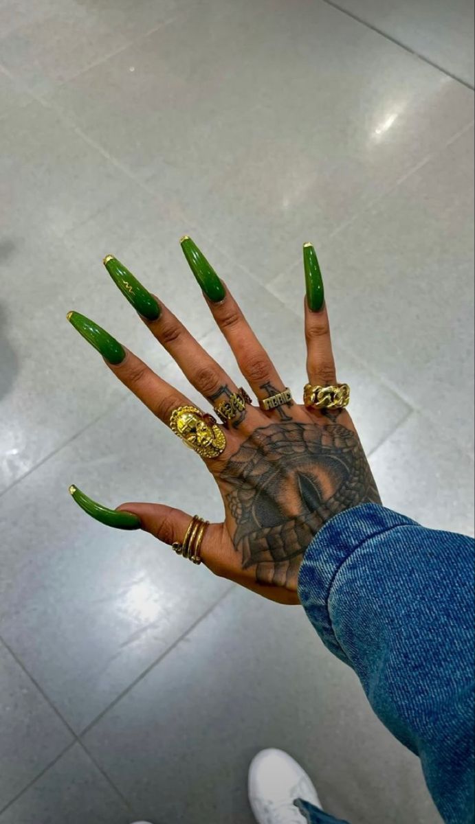 Spiritual Nails Designs Acrylic, Nails Of 2023, Nail Design Glitter, Pedicure Designs, Drip Nails, Green Nail, Long Acrylic Nails Coffin, Exotic Nails, Bling Acrylic Nails