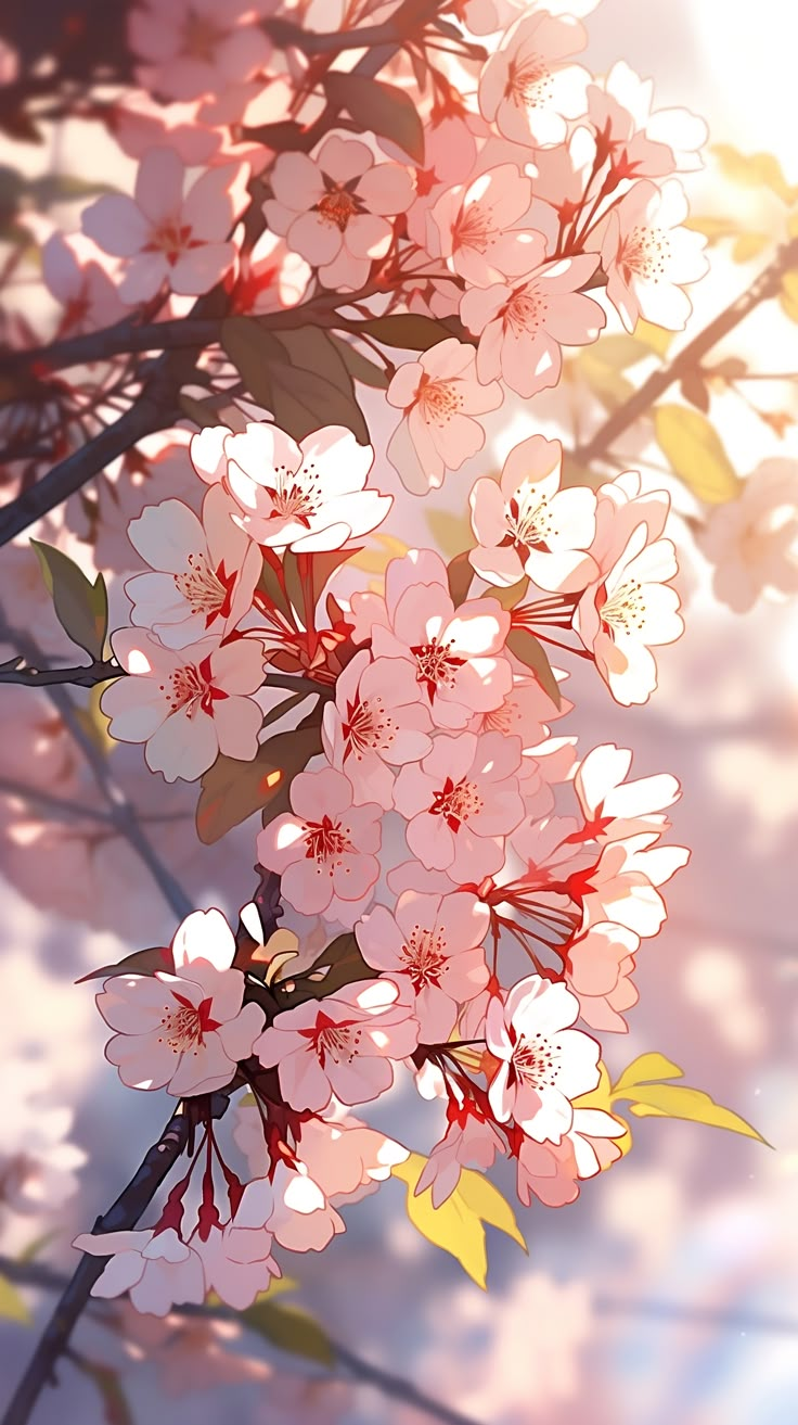 an image of flowers that are blooming on the tree branch in the sun light