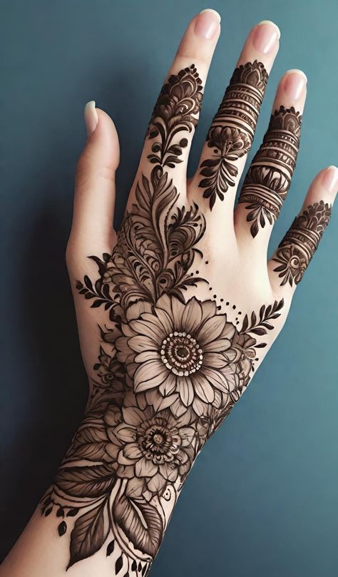 a woman's hand with hennap and flowers painted on it, against a blue background