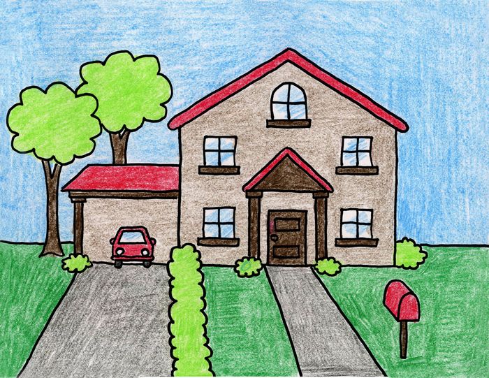 a child's drawing of a house with a car parked in front of it