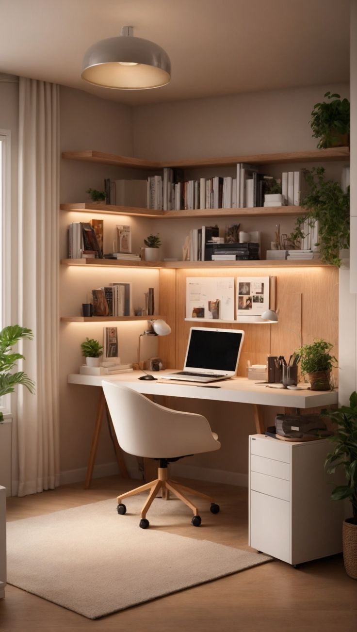 a home office with a laptop on the desk