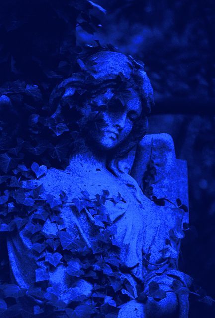 an angel statue sitting in the middle of a garden with blue light coming from behind it