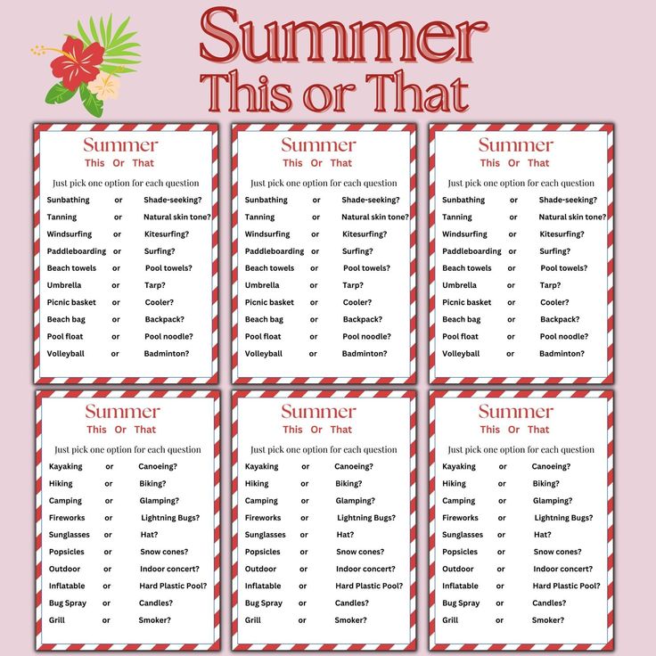 a printable summer checklist for kids with the words,'this or that '