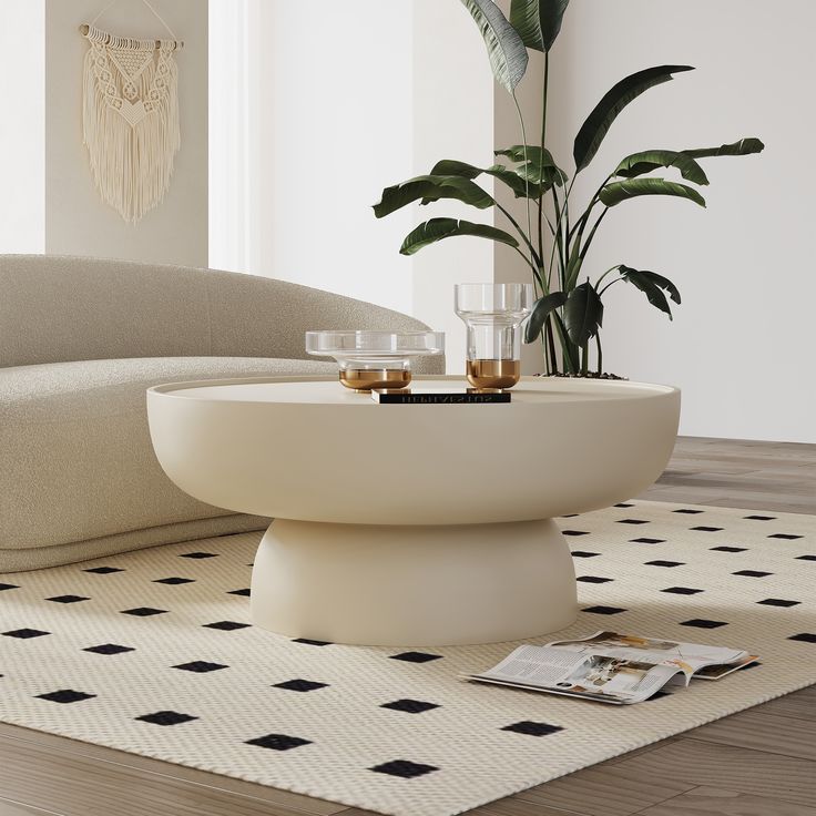 a living room with a couch, coffee table and potted plant on the floor