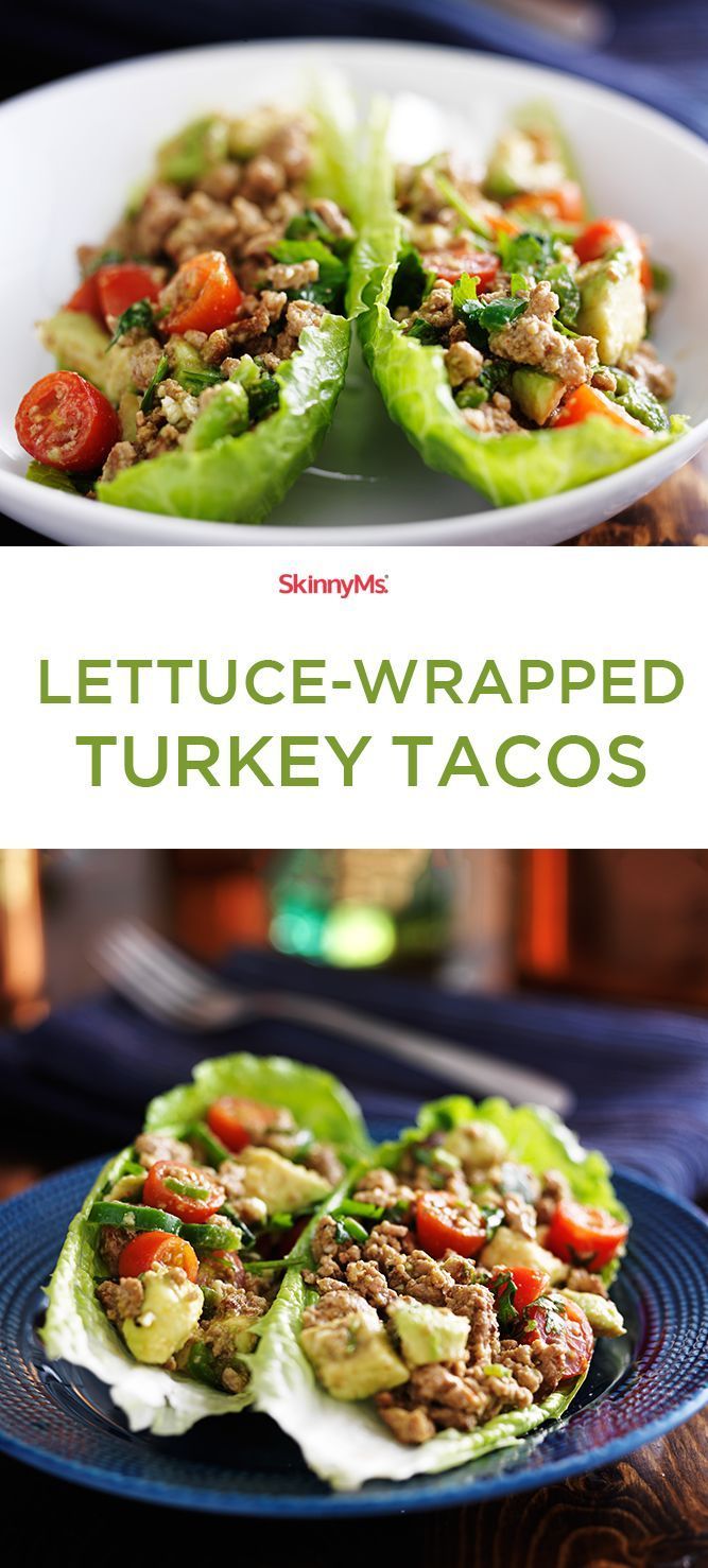 lettuce wrapped turkey tacos on a blue plate with the title above it