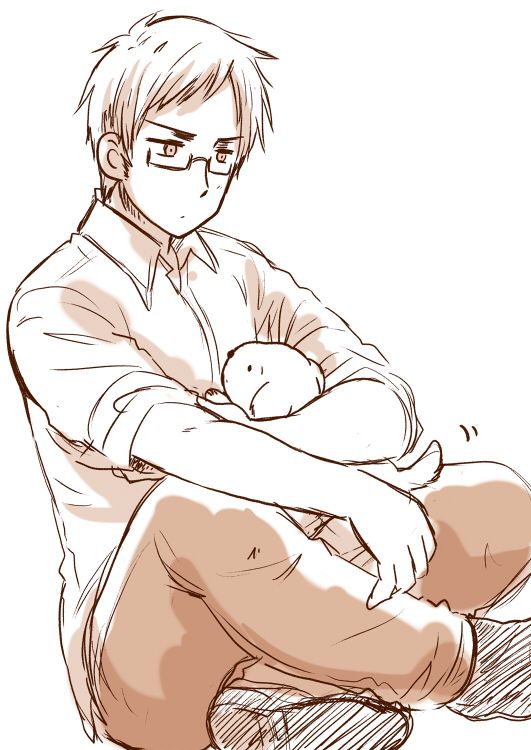 a drawing of a man sitting down with his arm around a baby's head