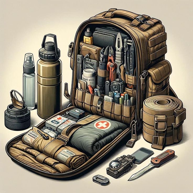 an image of a backpack with many items in it that are on the floor and around it