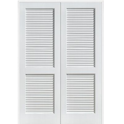 an open white door with shutters on the side and bottom panel, isolated against a white background