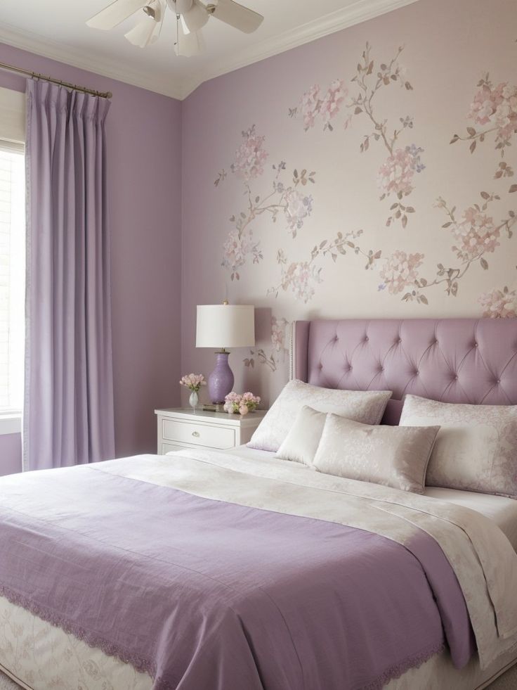 a bedroom with purple walls and floral wallpaper, white bedding, and lavender curtains