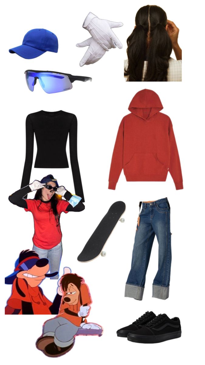 an assortment of clothing and accessories including a skateboard, sweatshirt, hat, jeans, shoes, and sunglasses