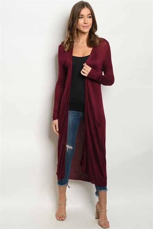 LONG CARDI STYLE || SWEATER LOVE Lightweight long cardigan sweater Available in burgundy red & navy blue Front pockets Open front Long oversized fit Fits true to size Slight stretch 100% Viscose Measurements approximately: Small: Bust 36", Length 44" Medium: Bust 38", Length 44" Large: Bust 40", Length 45" Maroon Cardigan Outfit, Hooded Cardigan Outfit, Burgundy Cardigan Outfit, How To Wear A Long Cardigan, Duster Cardigan Outfit, Winter Cardigan Outfit, Long Cardigan Outfit, Cardigan Fall Outfit, Long Cardi