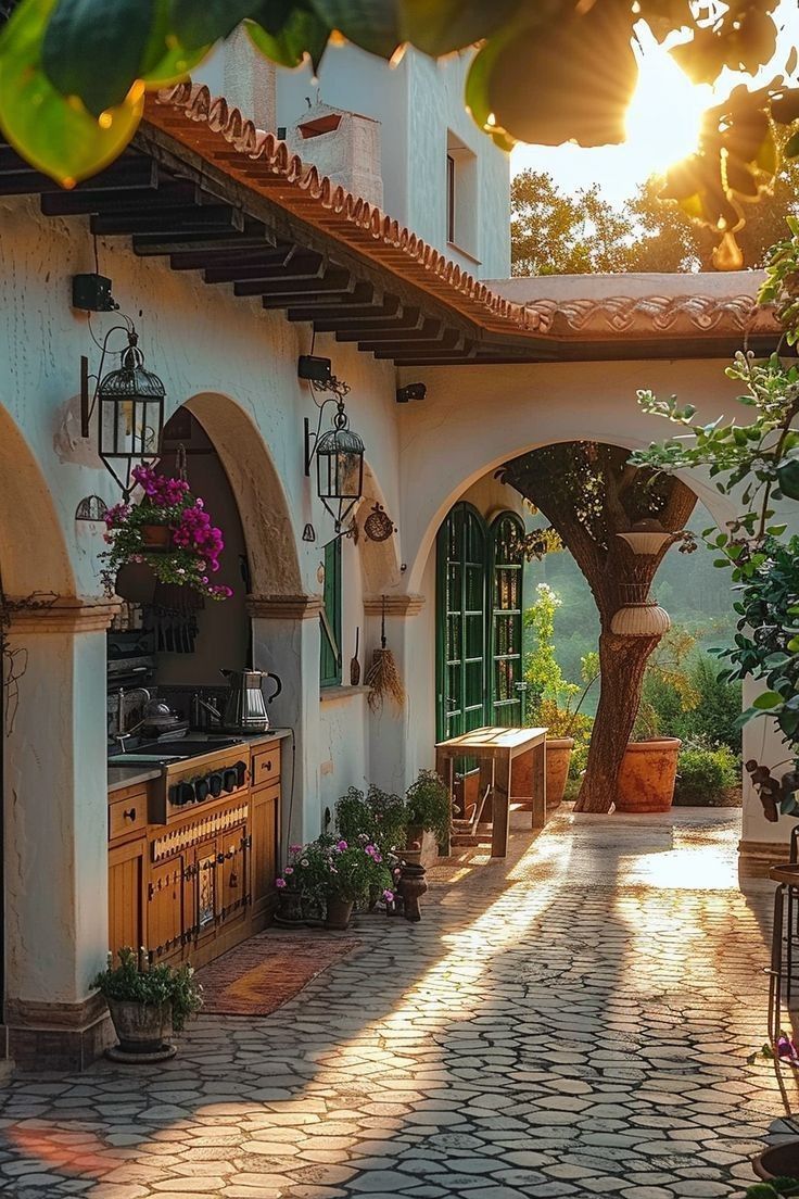 an outdoor kitchen with potted plants on the outside