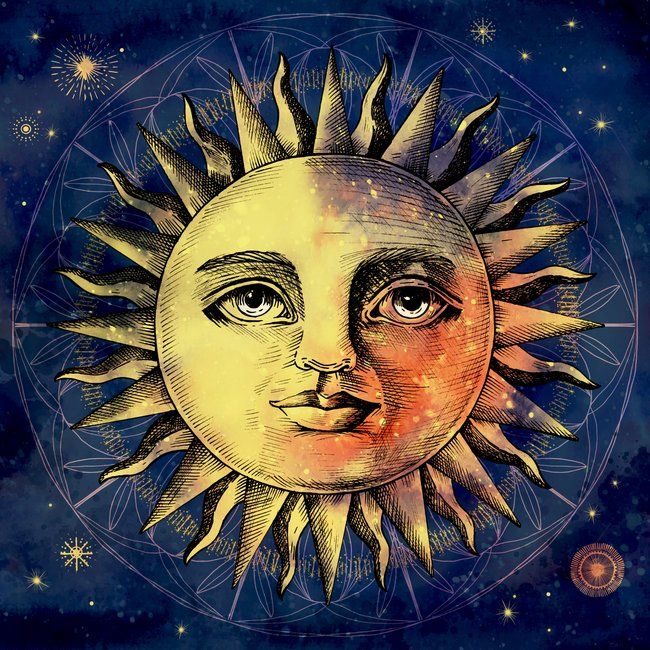 a drawing of a sun with its face in the middle of it's forehead