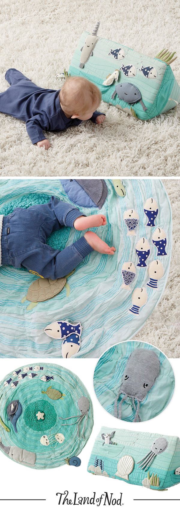 a baby laying on top of a blue rug next to two pictures of the same child