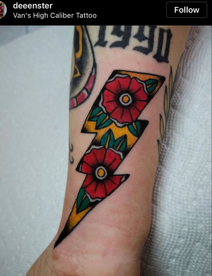 a person with a tattoo on their arm and the letter f is shown in red flowers