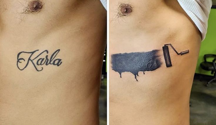 two pictures showing the same tattoo on each side of their bodies, one with a paint roller