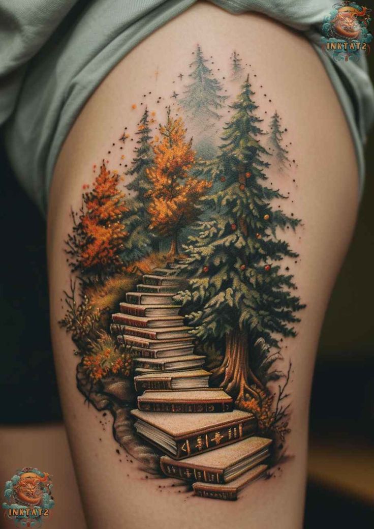 a woman's thigh with books and trees on it