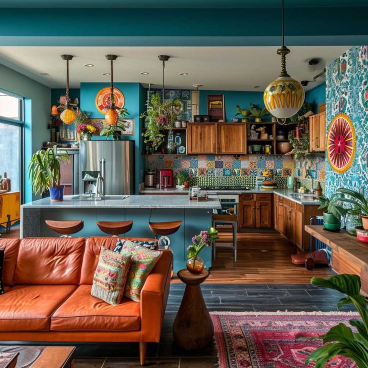 a living room filled with furniture and lots of plants on top of the counter tops