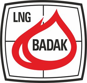 a red and black logo with the words lng badak