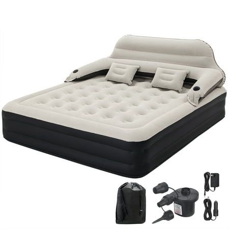 an inflatable bed is shown with accessories