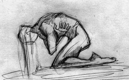 a black and white drawing of a person sitting on the ground with their head down